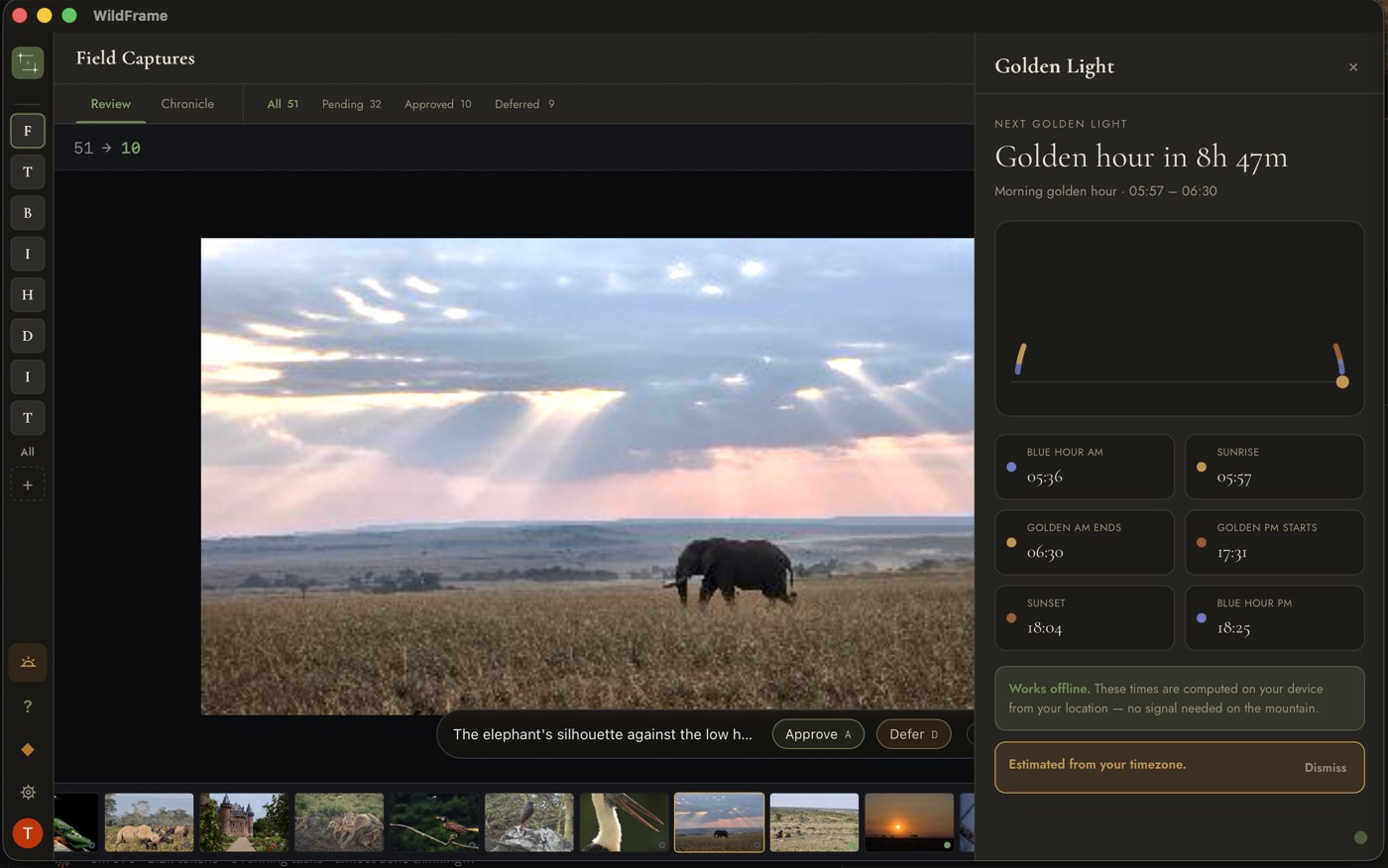WildFrame desktop: reviewing a card in the Loupe with the Golden Light panel open alongside it