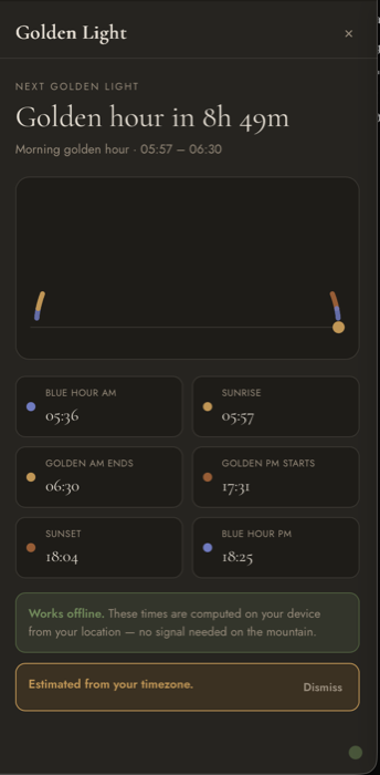 The Golden Light screen on mobile: sun-arc, sunrise, sunset, and blue-hour times